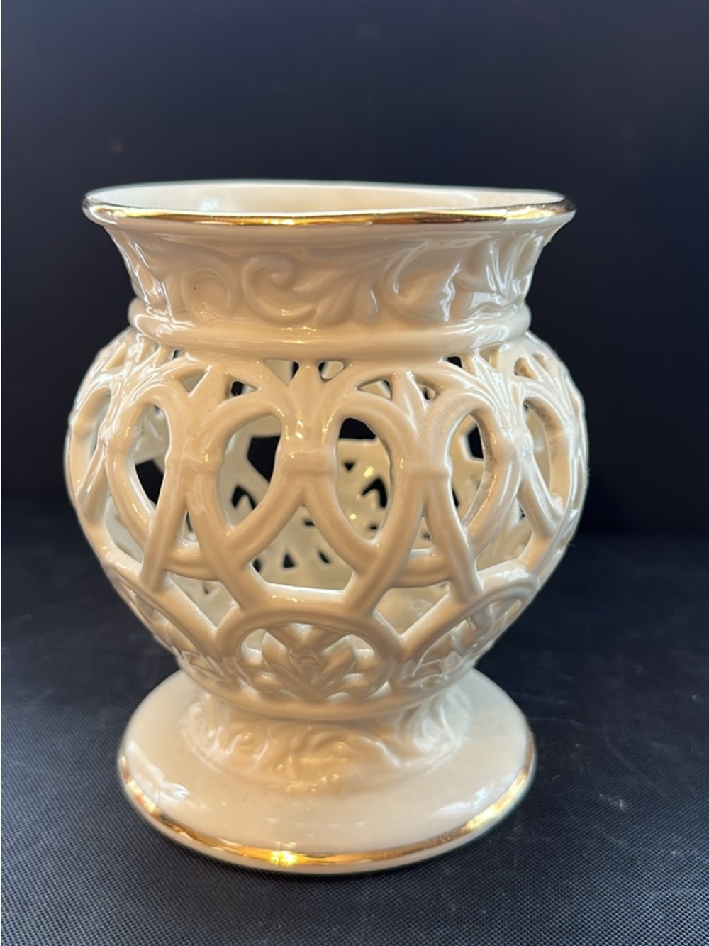 Lenox White Porcelain Openwork Votive with Gold Trim